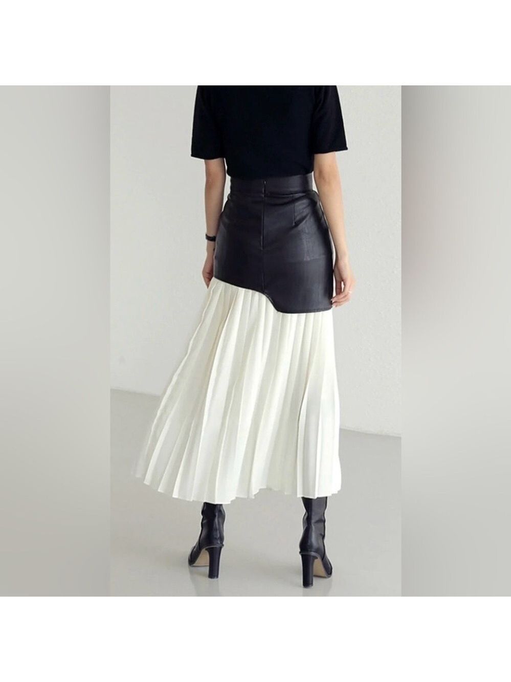 467. Commense Asymmetric Patchwork Faux Leather Chiffon Pleated Maxi Skirt M - Picture 2 of 10